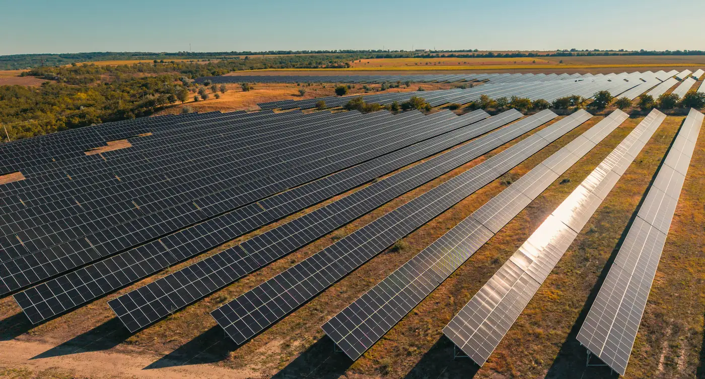 Utility-scale solar farm, the kind of renewable power that feeds green hydrogen production